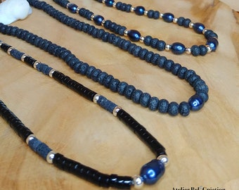Surfer necklace, men’s beaded Black Lava Necklace, Obsidian, Black Freshwater pearl necklace for men