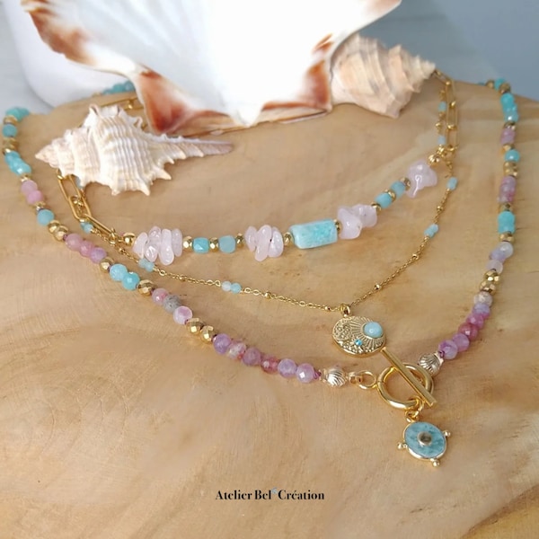 Collier perles naturelles « Collection 50 Shapes of Blue » | Acier inoxydable doré, pierres naturelles Amazonite, Quartz Rose