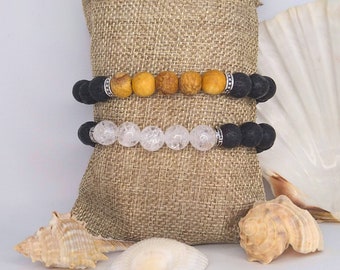 Bracelet homme perles naturelles | Palo Santo, Quartz Clair, Pierre de Lave 10mm, argenté