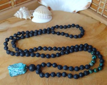 Men’s Chrysocolla Necklace with Black Lava stone Beads, men’s necklace, Natural Gemstone Pendant, Turquoise color necklace, Mala 108 Beads