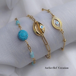 Bracelet porte bonheur bleu océan Pierre naturelle acier inoxydable doré oeil protecteur nacre coquillage amazonite turquoise bohème femme