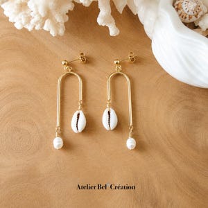 Cowrie shell earrings freshwater pearl gold stainless steel minimalist Afro chic jewelry gift for her