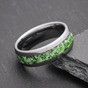 Green Moss Agate Ring, Silver Tungsten Ring, Mens Wedding Ring, Womens Wedding Band, Anniversary Ring, Engagement Promise Ring
