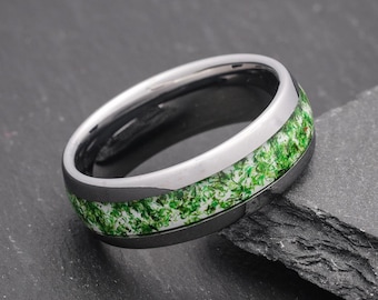 Green Moss Agate Ring, Silver Tungsten Ring, Mens Wedding Ring, Womens Wedding Band, Anniversary Ring, Engagement Promise Ring