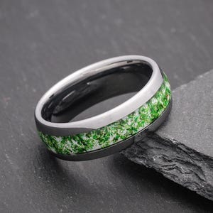 8mm Green Moss Agate Ring, Silver Tungsten Ring, Womens Natural Wedding Band, Anniversary Ring, Engagement Promise Ring