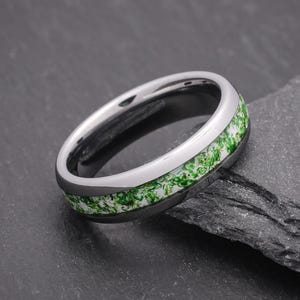 6mm Green Moss Agate Ring, Silver Tungsten Ring, Womens Natural Wedding Band, Anniversary Ring, Engagement Promise Ring