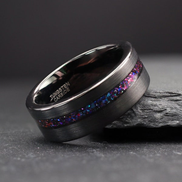 Orion Nebula Ring, Mens Galaxy Meteorite Wedding Band, Outer Space Black Tungsten Wedding Band, 8mm, Meteorite Ring for Men