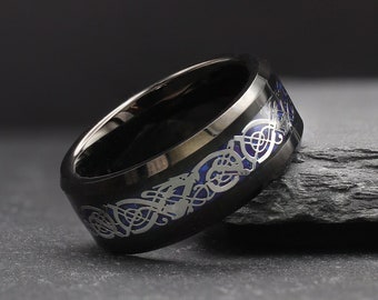 Black & Blue Celtic Ring, Black Dragon Ring, Carbon Fiber Ring Inlay, Celtic Jewellery, Mens Wedding Ring, Promise Wedding Band