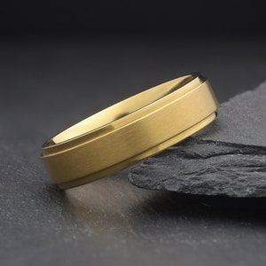Mens Gold Titanium Wedding Band, Mens Engagement Promise Ring, Semi Brushed Gold Wedding Band, Promise Ring, Chunky Gold Wide Ring Band