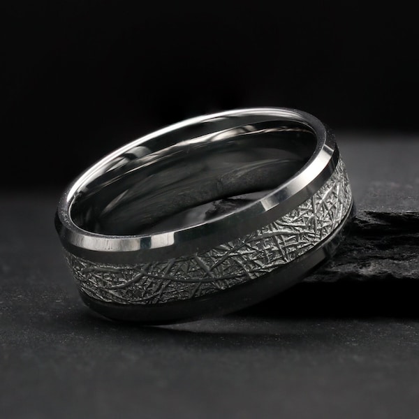 Zilveren wolfraam meteoriet ruimte ring, heren trouwring, belofte verlovingsring, aangepaste gegraveerde ring, belofte ring voor hem, Galaxy ring