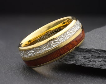 Gold Tungsten Wedding Ring with Whiskey Barrel Wood and Meteorite Inlay, Mens Nature Inspired Ring, Statement Wooden Wedding Band