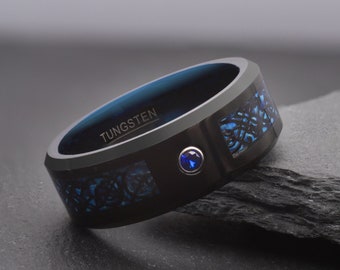 Black Tungsten Ring With Blue Celtic Dragon Inlay, Mens Celtic Wedding Band, Promise Ring, Mens Celtic Dragon Ring, 8mm Wide