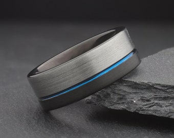 Black & Silver Ring with Blue Groove Line, Mens Modern Wedding Band, 8mm Wide, Unique Tungsten Wedding Ring, Gifts for Boyfriend