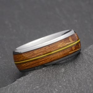 Guitar String & Whiskey Barrel Ring, Silver Tungsten Ring, Wooden Inlay Band, Whiskey Barrel Ring, Ring For Him, Personalised Wedding Ring