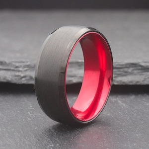 Black and Red Tungsten Ring: Beveled Edge Polished Wedding Band for Men