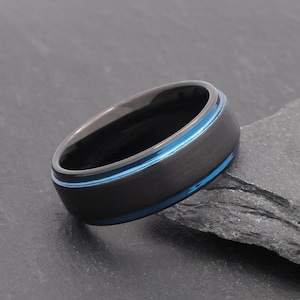 Black & Blue Tungsten Ring, Mens Engraved Wedding Band, Promise Ring, Wedding Ring For Men, Black Mens Wedding Band