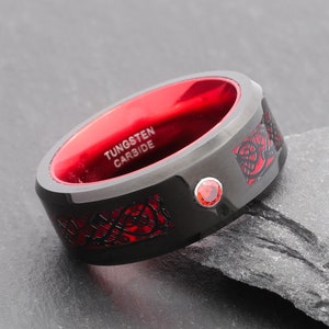 Black Tungsten Ring With Red Celtic Knot Dragon Inlay, Cubic Zirconia Ring, Carbon Fibre Ring Inlay, Celtic Jewellery, Promise Wedding Band