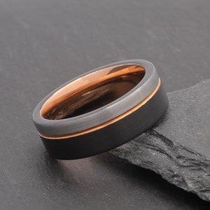 Black Silver Rose Gold Tungsten Ring, Multi Coloured Mens Wedding Band, Promise Engagement Ring, Cool Modern Wedding Ring 8mm Wide