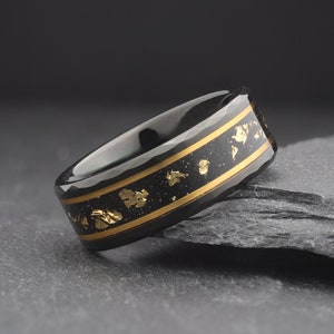 Gold Leaf and Meteorite Wedding Band, Mens Hammered Wedding Custom Engraved Ring, Mens Black Unique Tungsten Band, Men Engagement Ring