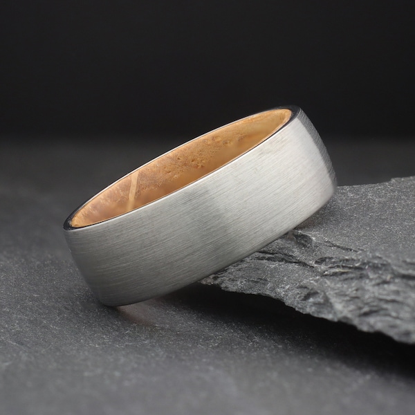 Mens Unique Whiskey Barrel Oak Wood Ring, Silver Tungsten & Wood Promise Engagement Ring for Men, Unique Wedding Bands, Made to Order Ring
