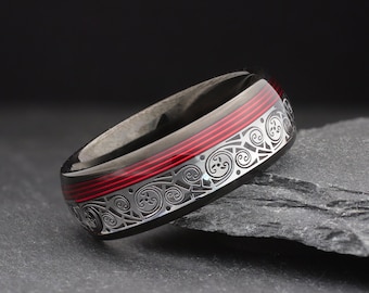 Aliança de casamento de tungstênio preto com incrustação de espiral de corda de guitarra, aliança de casamento masculina, anel de compromisso, aliança de casamento para homens, 8 mm de largura