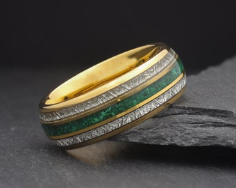 Anillo de oro para hombre, alianza de boda con malaquita y meteorito, anillo de boda para hombre inusual, anillo de compromiso de promesa para parejas, alianza de boda de tungsteno