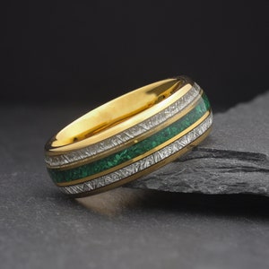 Mens Gold Ring, Wedding Band With Malachite & Meteorite, Unusual Mens Wedding Ring, Couples Promise Engagement Ring, Tungsten Wedding Band