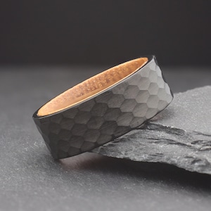 Mens Unique Wooden Wedding Band, Hammered Whiskey Barrel Ring, Engraved Wedding Ring For Men, Black Promise Ring for Him, Mens Wooden Ring