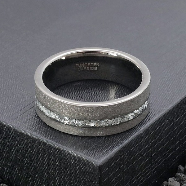 Mens Black Ring, Meteorite Wedding Band, Brushed Tungsten Wedding Ring, Unique Wedding Ring for Men, Engraved Engagement Promise Ring