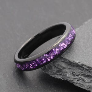 Amethyst Inlay Black Tungsten Carbide Ring, Womens Gemstone Wedding Band, Anniversary or Engagement Minimalist Ring, Everyday Jewellery