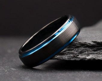 Black & Blue Tungsten Ring, Mens Engraved Wedding Band, Promise Ring, Wedding Ring For Men, Black Mens Wedding Band