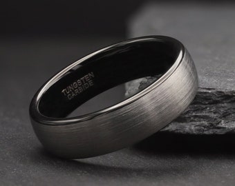 Mens Unique Tungsten Ring, Black Silver Wedding Band, Engraved Promise Engagement Rings for Men, Boyfriend Anniversary Birthday Gift