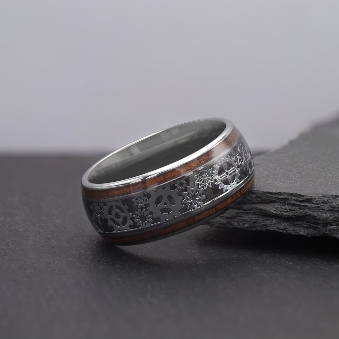 Mens Silver Steampunk Gear Wedding Band,tungsten Wooden Wedding Ring