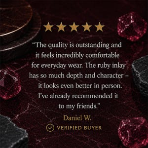 Five star customer review highlighting the quality and appearance of the HusBands ruby wedding ring.
