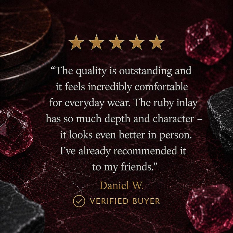 Five star customer review highlighting the quality and appearance of the HusBands ruby wedding ring.