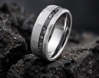 Hammered Meteorite Wedding Ring for Men, Tungsten Wedding Band, Silver, Black & Rose Gold Ring, Custom Engraved Mens Wedding Ring