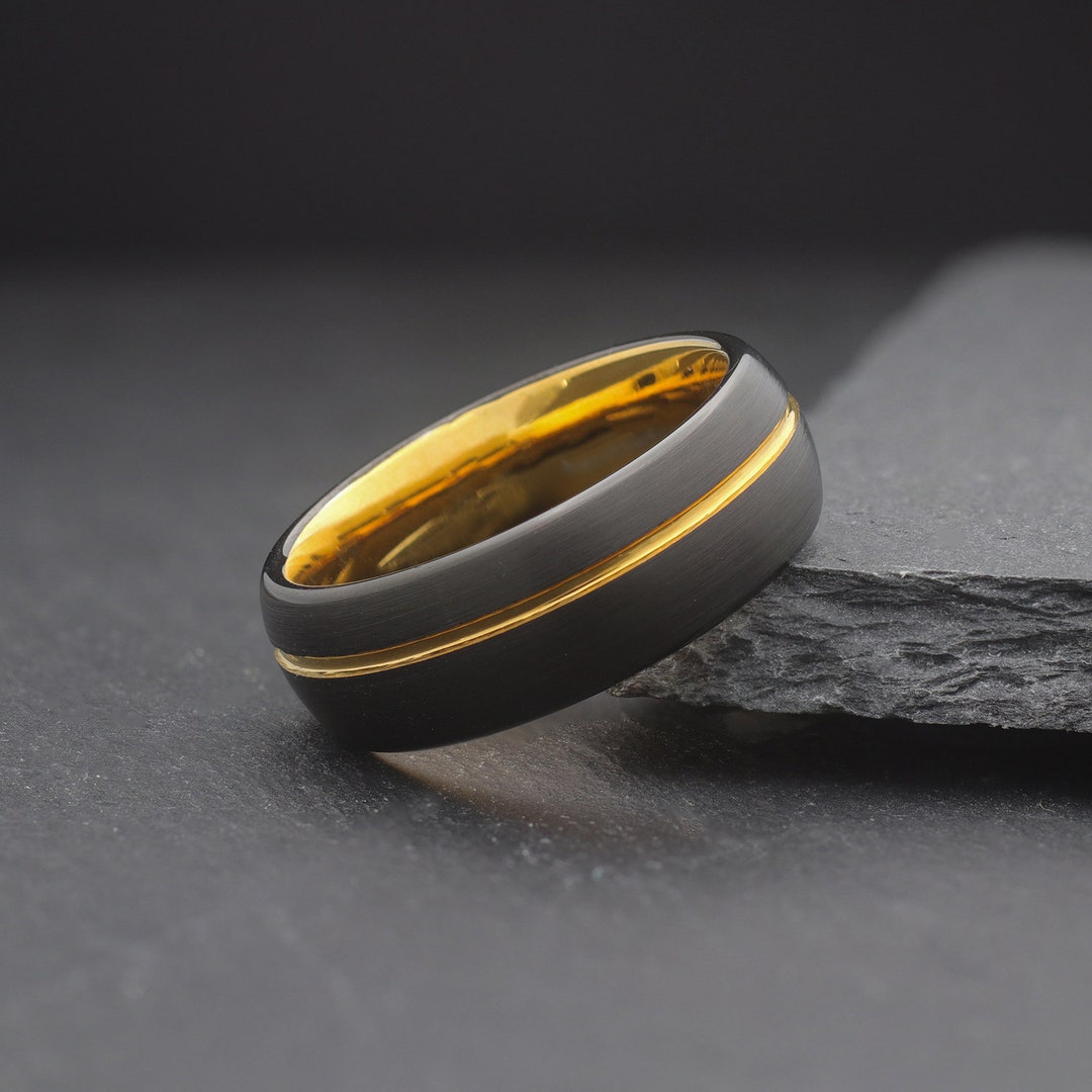 8mm Black Gold Obsidian Ring, Mens Unique Tungsten Wedding Band ...