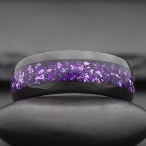 black tungsten ring with purple amethyst inlay