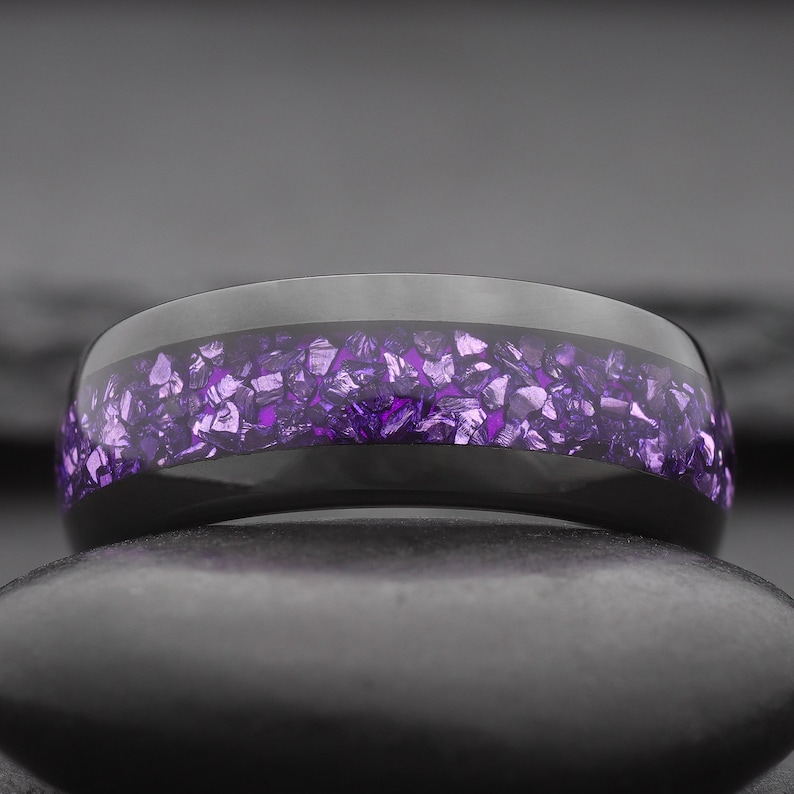 black tungsten ring with purple amethyst inlay
