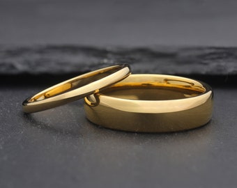 Minimalist Gold Dome Wedding Band, His and Hers Couples Ring, 4mm 6mm Thin Tungsten Ring for Men and Women, Matching Rings for Couples