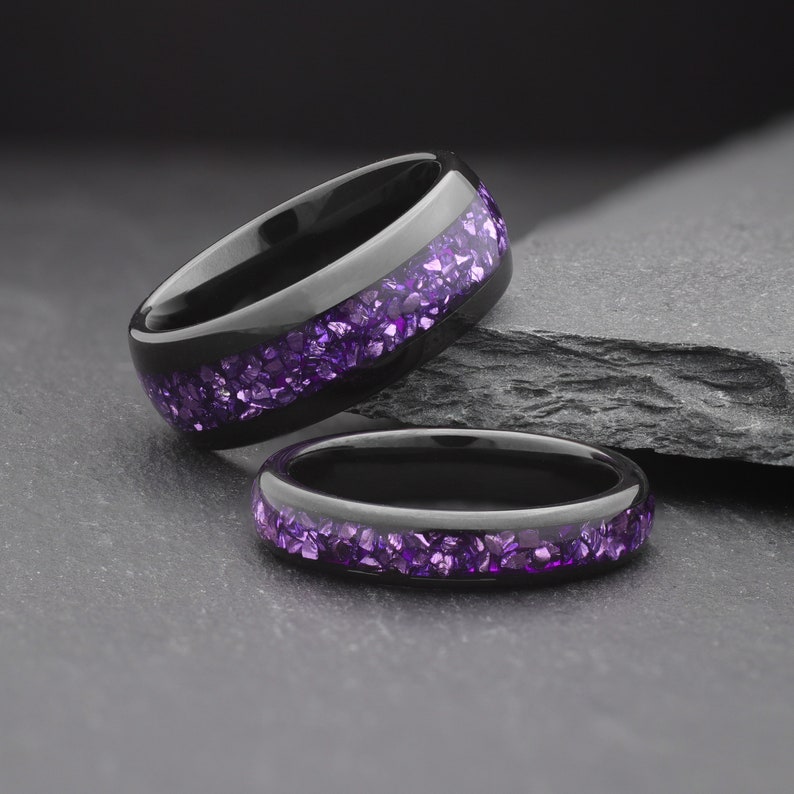 black tungsten ring with purple amethyst inlay