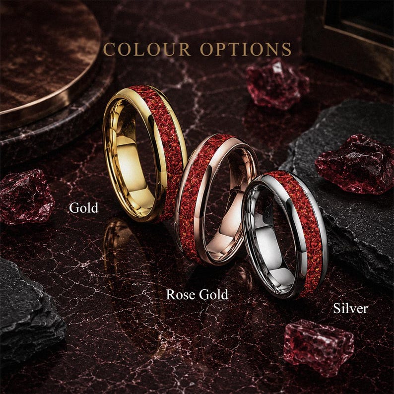 Ruby tungsten wedding ring available in silver, gold and rose gold finishes.