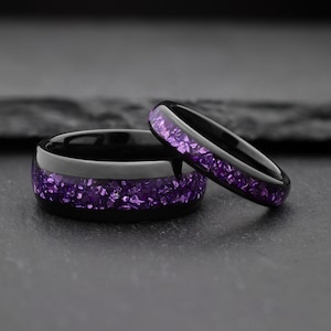 black tungsten ring with purple amethyst inlay