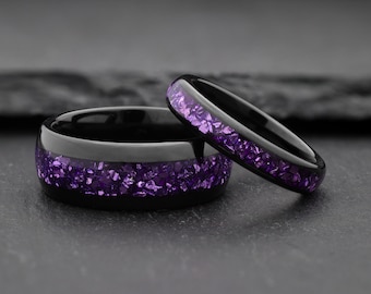 Purple Amethyst Ring Set, Black Tungsten Ring, His and Hers Wedding Ring, Wedding Band Set, Couples Ring, His and Hers Ring, 4mm 8mm Ring