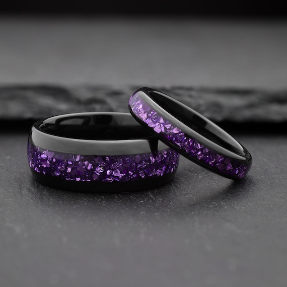 Purple Amethyst Ring Set, Black Tungsten Ring, His and Hers Wedding Ring, Wedding Band Set, Couples Ring, His and Hers Ring, 4mm 8mm Ring