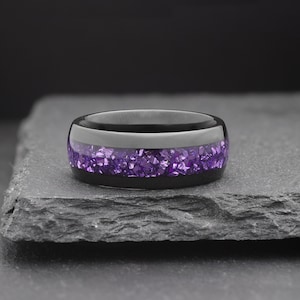 black tungsten ring with purple amethyst inlay