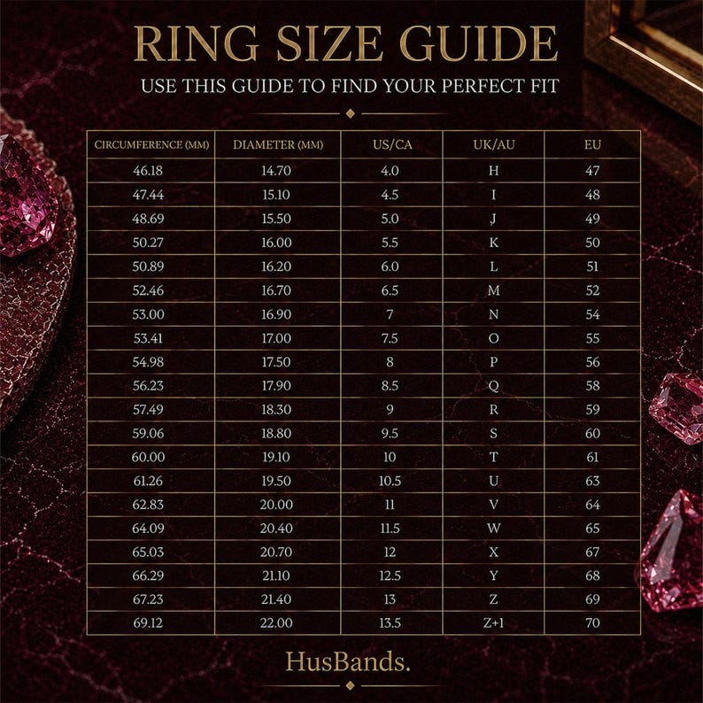 Ring size conversion guide for choosing the correct ruby wedding ring size.