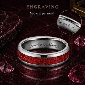Personalised ruby tungsten wedding ring with custom engraving inside the band.
