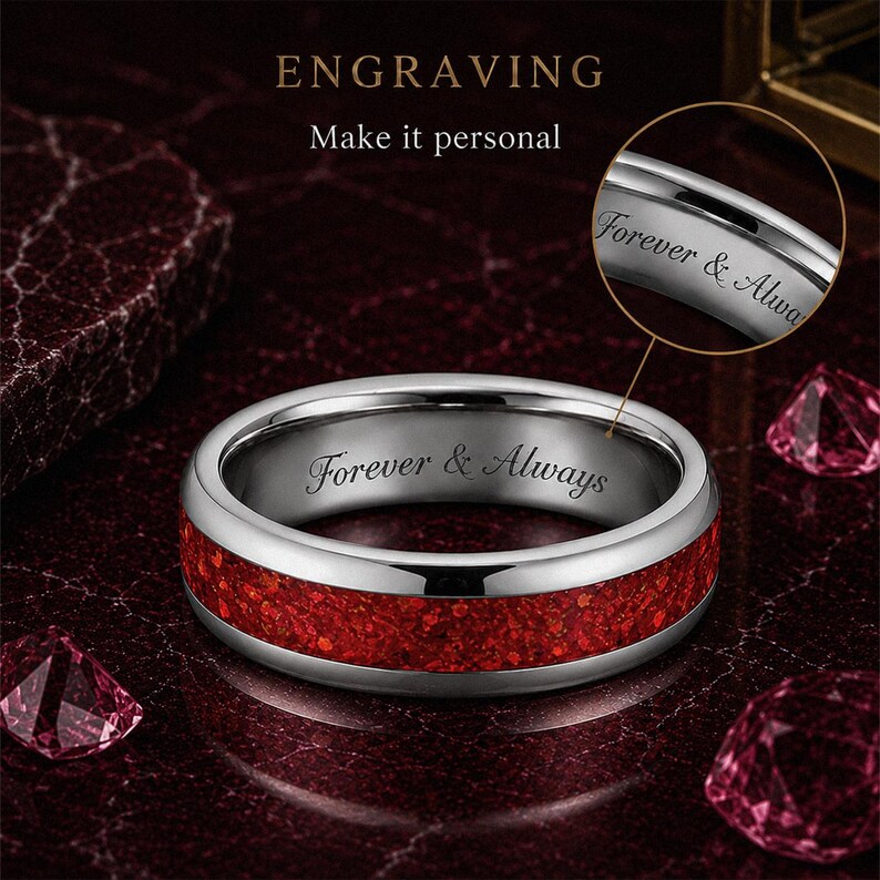 Personalised ruby tungsten wedding ring with custom engraving inside the band.