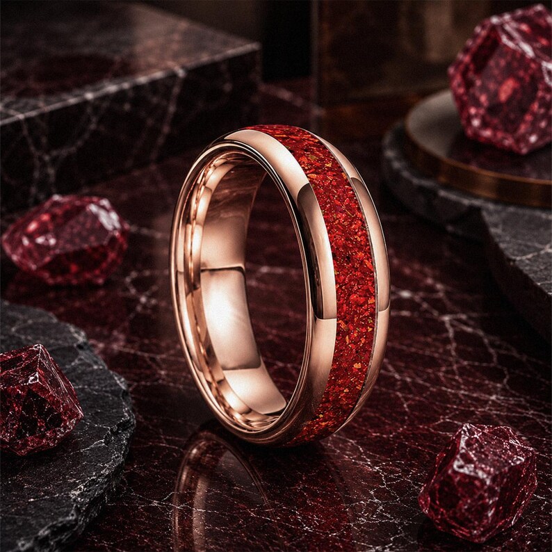Men's polished tungsten wedding ring with vibrant red ruby gemstone inlay.